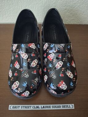 Easy Street Black Sugar Skull Slip-On Clogs with Red & Blue Accents